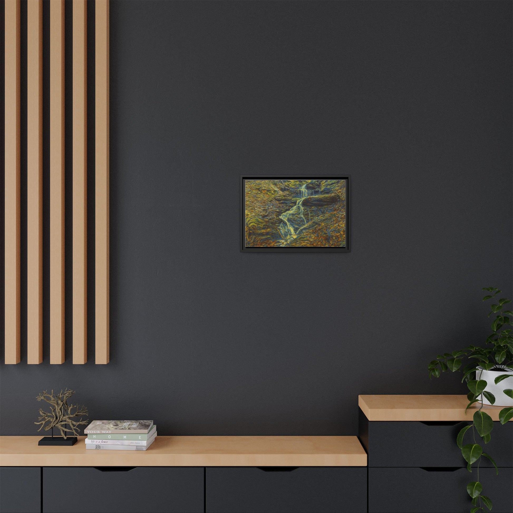 Framed matte canvas wall art featuring a scenic autumn forest with a waterfall, created by Printify.