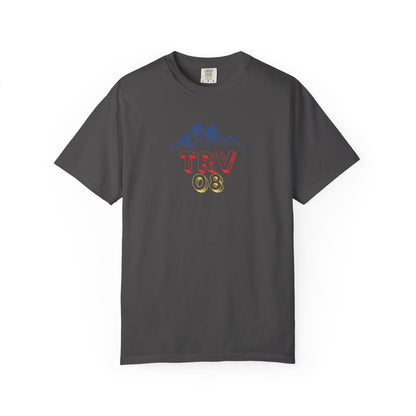Unisex TRV08 Logo Tee by Printify, garment-dyed T-shirt with a printed logo on the front, casual and comfortable fit.