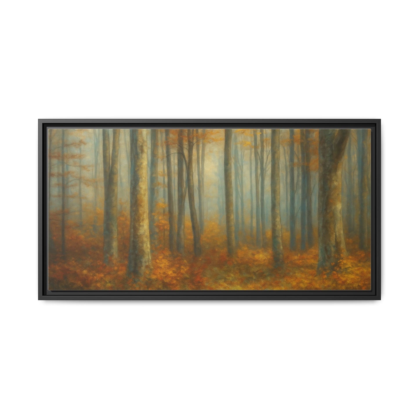 Misty woodland autumn forest scene on canvas wall art, framed print by Printify showcasing nature’s vibrant colors.