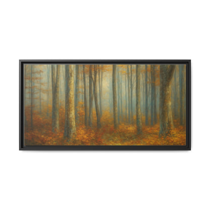 Misty woodland autumn forest scene on canvas wall art, framed print by Printify showcasing nature’s vibrant colors.