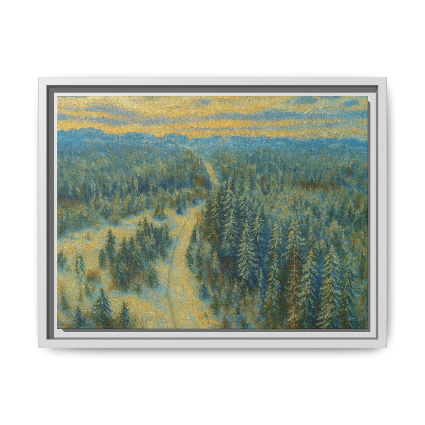 Framed matte canvas print of a serene winter forest landscape by Printify, showcasing snow-covered trees and peaceful scenery.