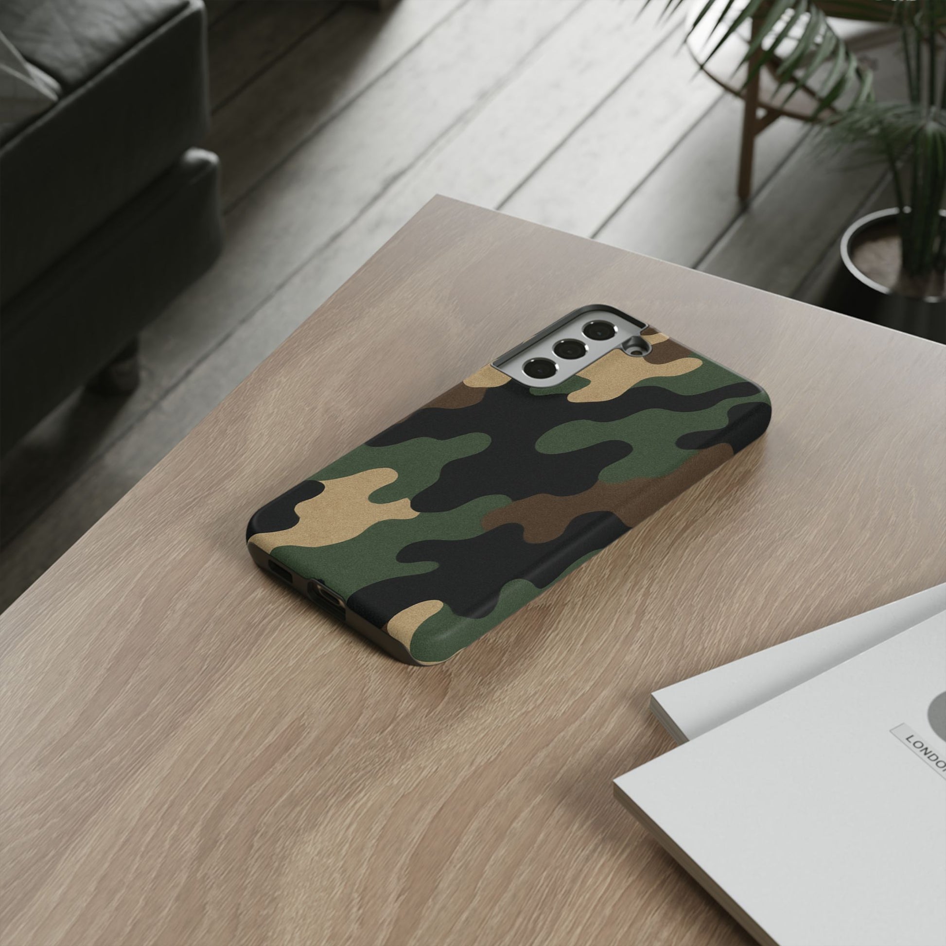 Rugged military green Camo Tough Phone Case by Printify, protective cover for smartphone with camouflage pattern.