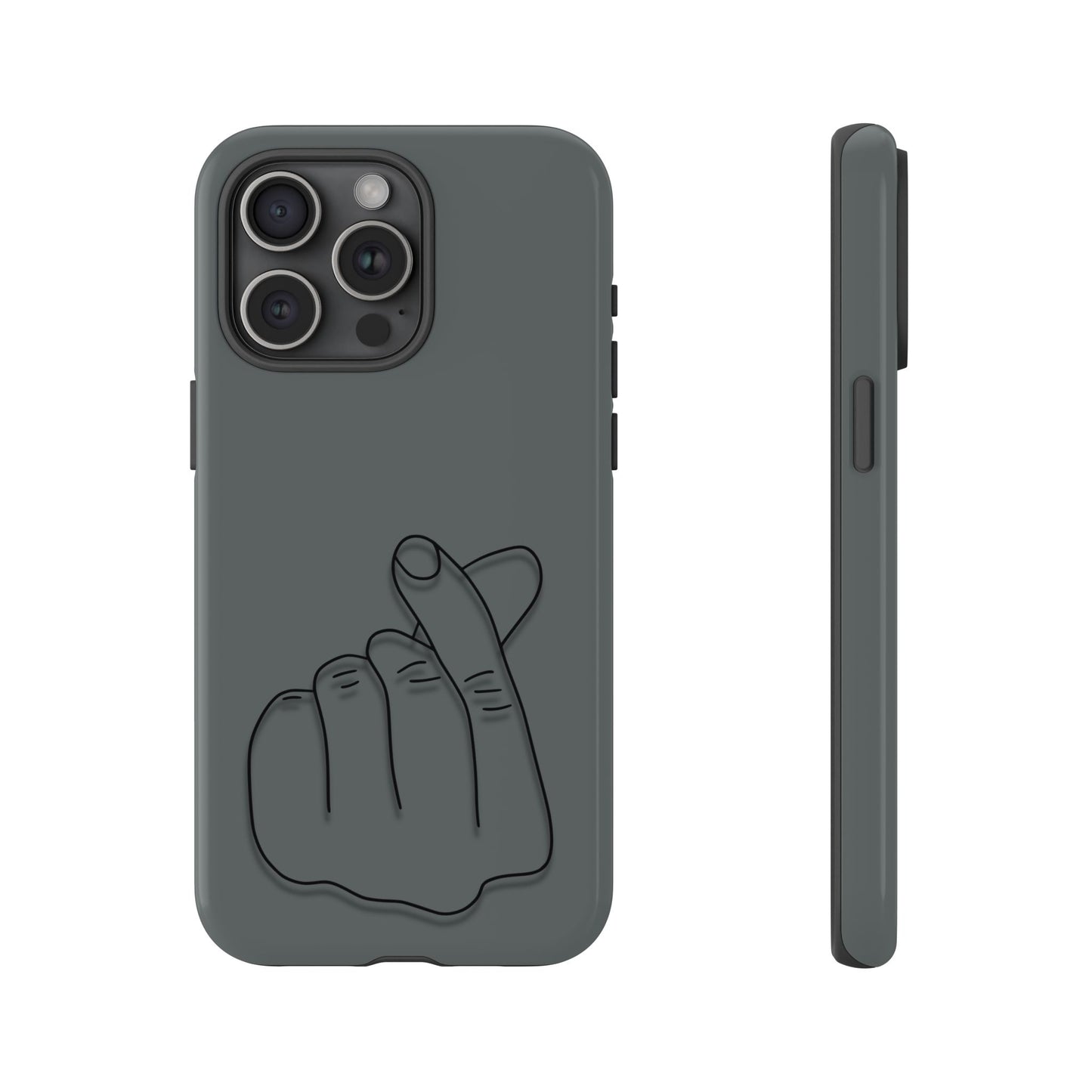 Silicone phone case with embossed Korean finger heart design, compatible with smartphones, by Printify.