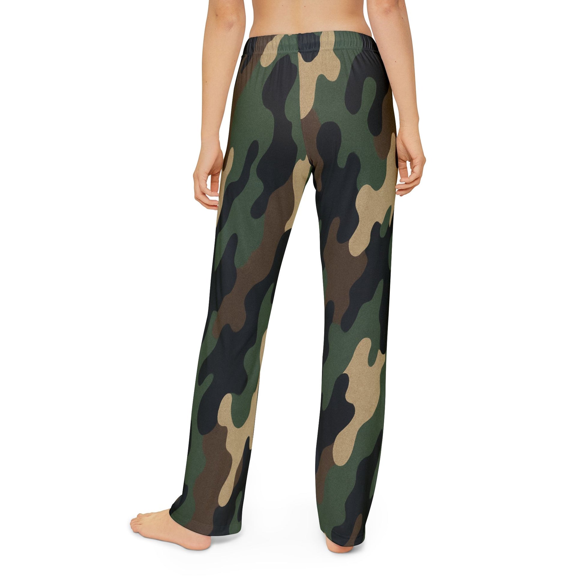 Kids camo lounge pants with all-over print, comfortable sweatpants for boys and girls, designed by Printify.