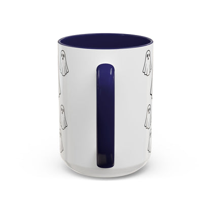 Printify ghost pattern ceramic coffee mug featuring a spooky Halloween design, available in 11oz or 15oz sizes.