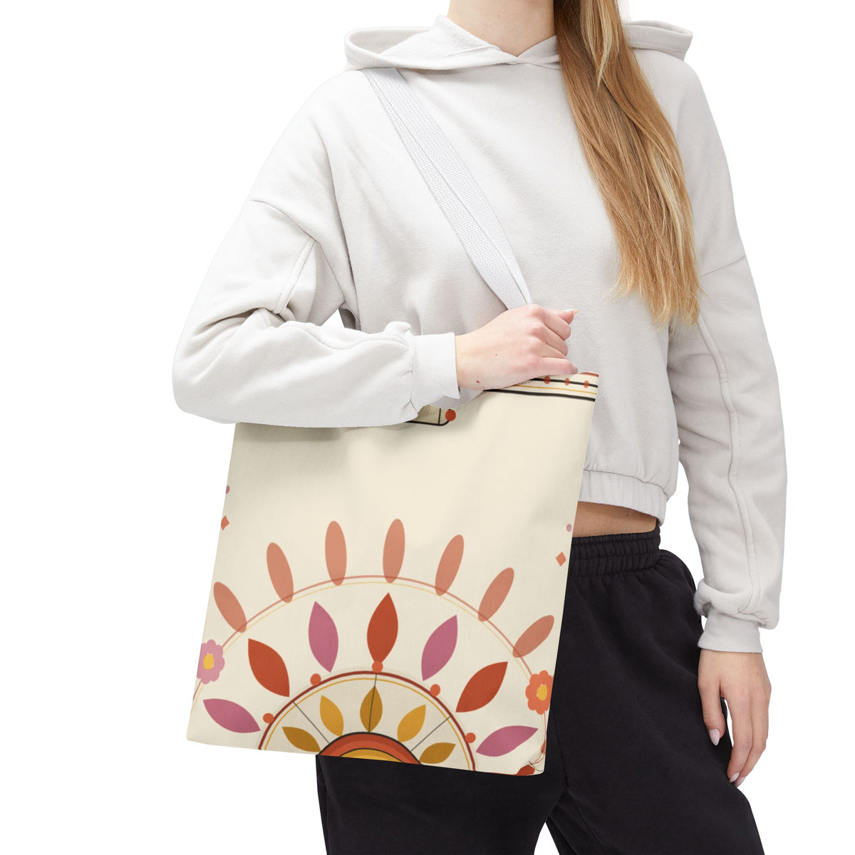 Boho floral mandala tote bag by Printify featuring pastel sunburst pattern and floral mandala design on canvas bag.