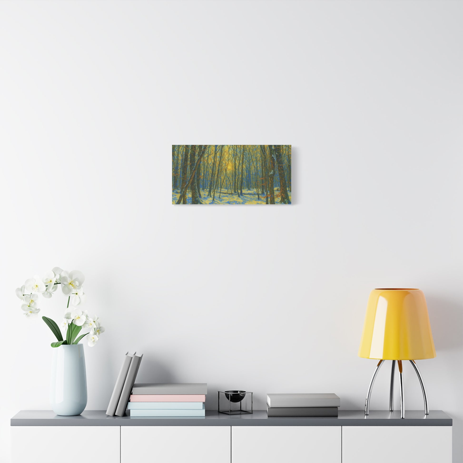 Winter woodland forest sunlight canvas print by Printify, featuring a matte stretched art of a snowy forest scene.