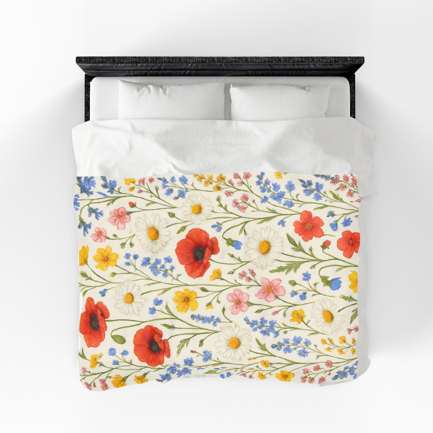 Velveteen plush blanket with all-over poppy daisy floral print featuring wildflower meadow design, by Printify.