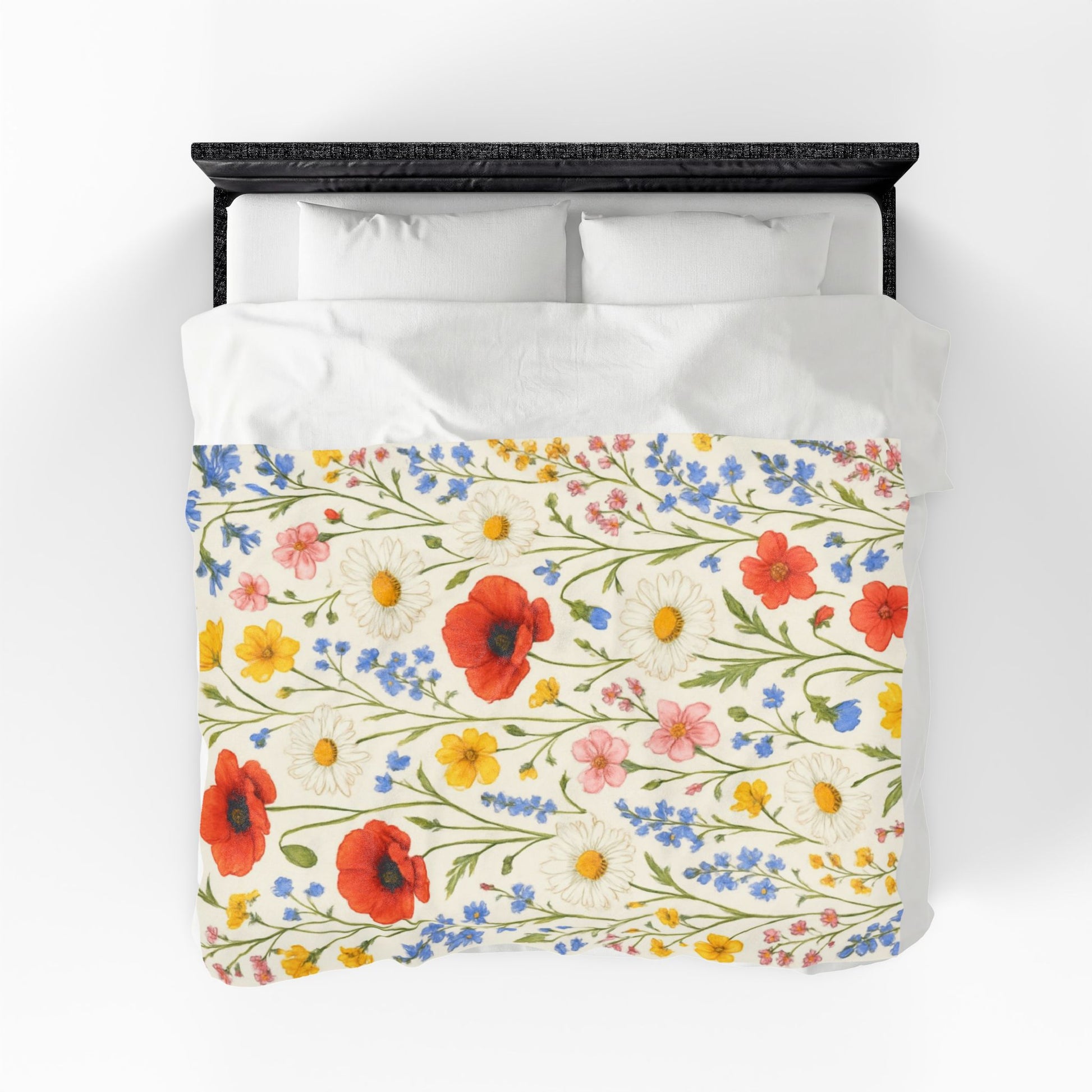 Velveteen plush blanket with all-over poppy daisy floral print featuring wildflower meadow design, by Printify.