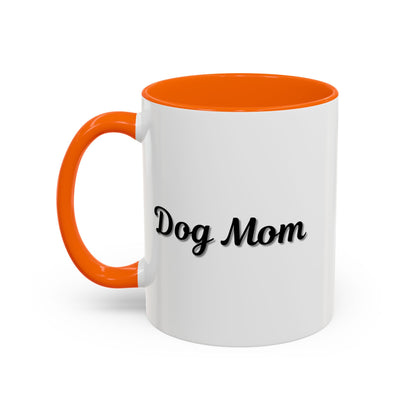 Dog Mom Accent Coffee Mug — white ceramic coffee mug with retro script "Dog Mom" print, colored interior and C-handle, 11oz/15oz, handle and interior color detail