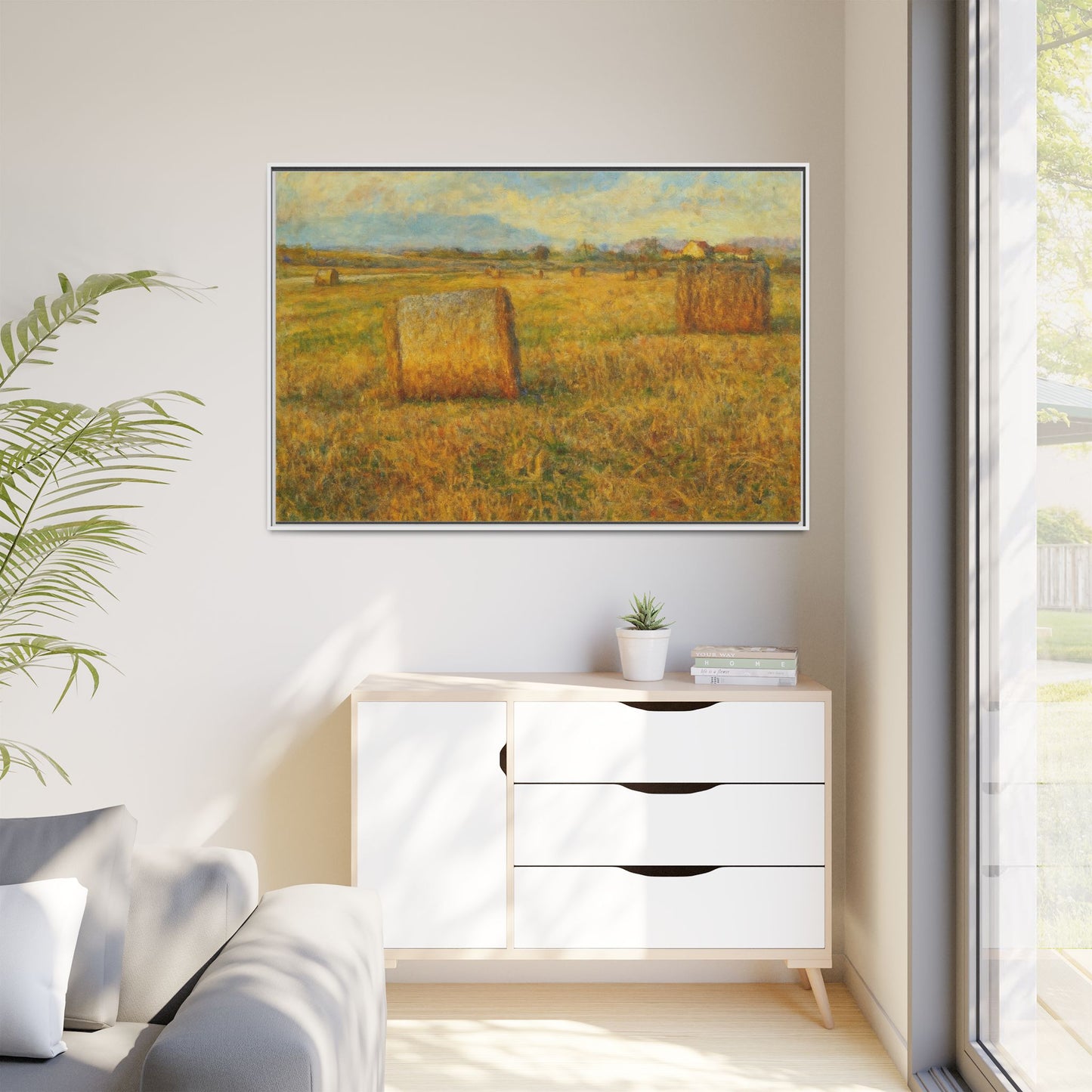 Framed matte canvas wall art featuring a rustic hayfield landscape print by Printify, perfect for country-style home decor.