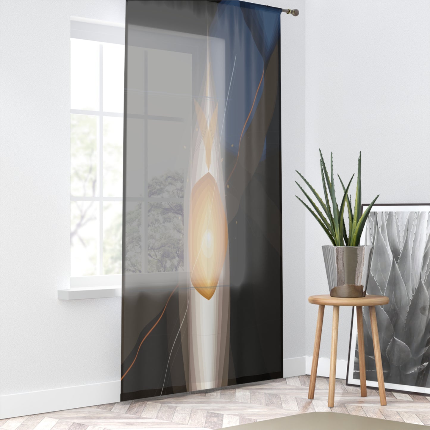 Abstract Golden Orb Window Curtain | Modern Geometric Sheer Panel