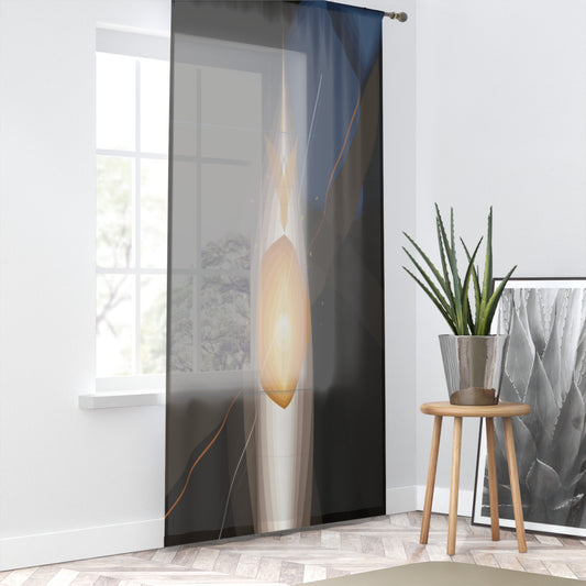 Abstract golden orb window curtain featuring modern geometric sheer panel, ideal for stylish home decor.