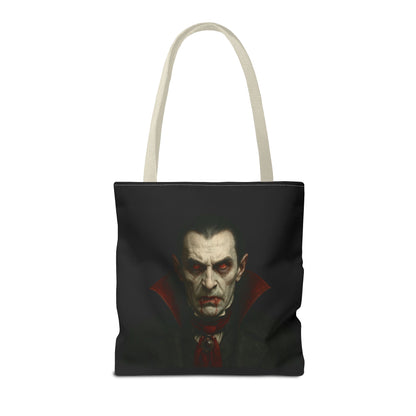 Black vampire tote bag with spooky gothic Halloween design, printed by Printify, featuring a dark, spooky vampire graphic.