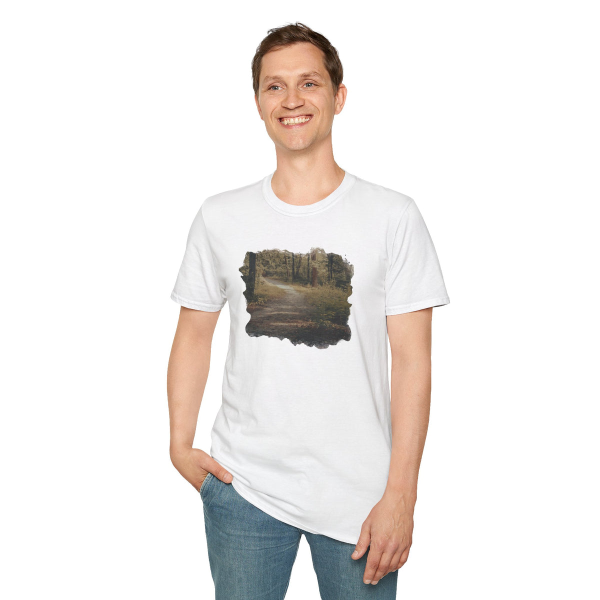 Vintage forest landscape T-shirt by Printify featuring a nature pathway scene on a comfortable casual tee.