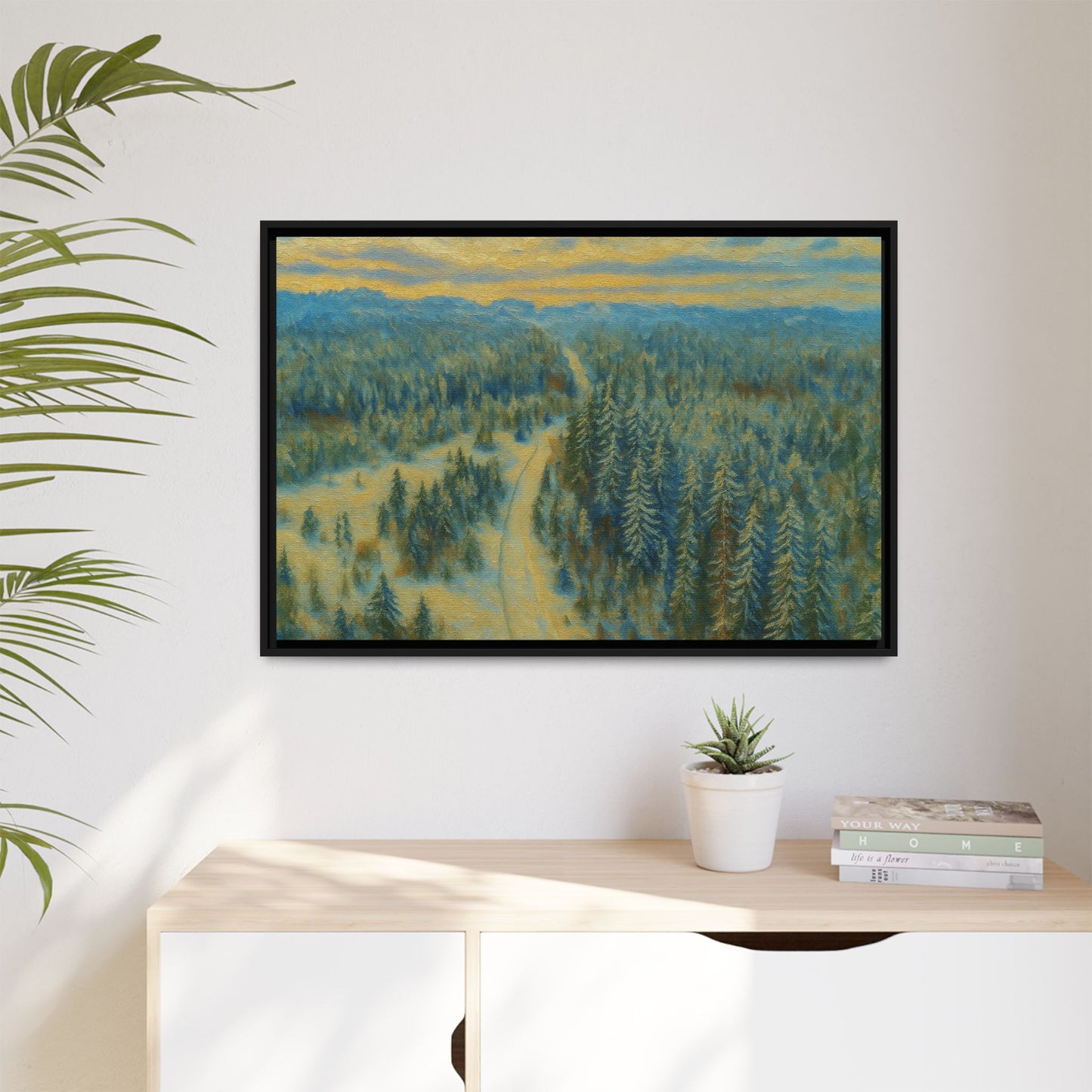 Framed matte canvas print of a serene winter forest landscape by Printify showcasing snow-covered trees and peaceful scenery.