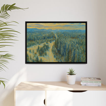 Framed matte canvas print of a serene winter forest landscape by Printify showcasing snow-covered trees and peaceful scenery.