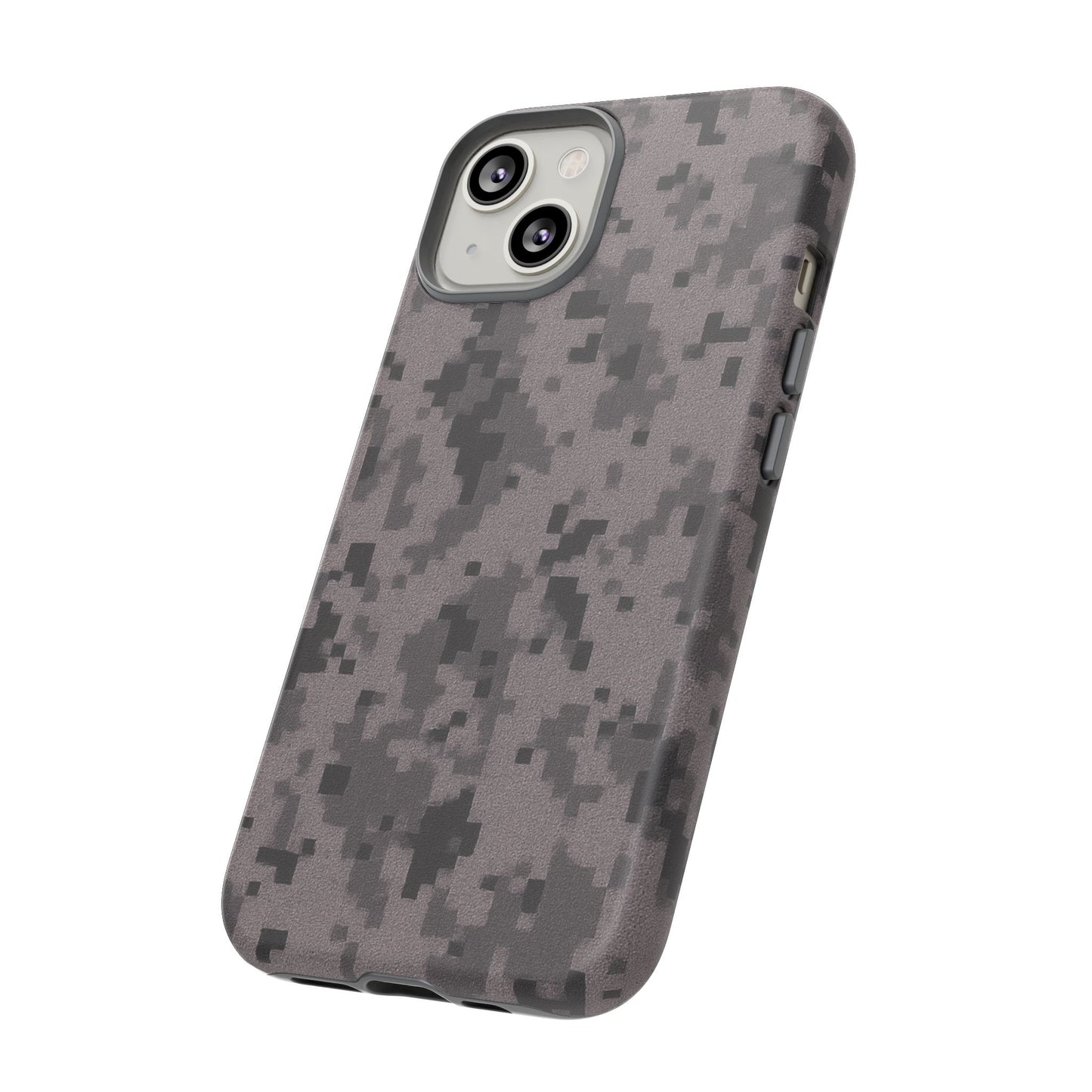 Gray digital camouflage phone case by Printify, tough protective cover designed for durable smartphone protection.