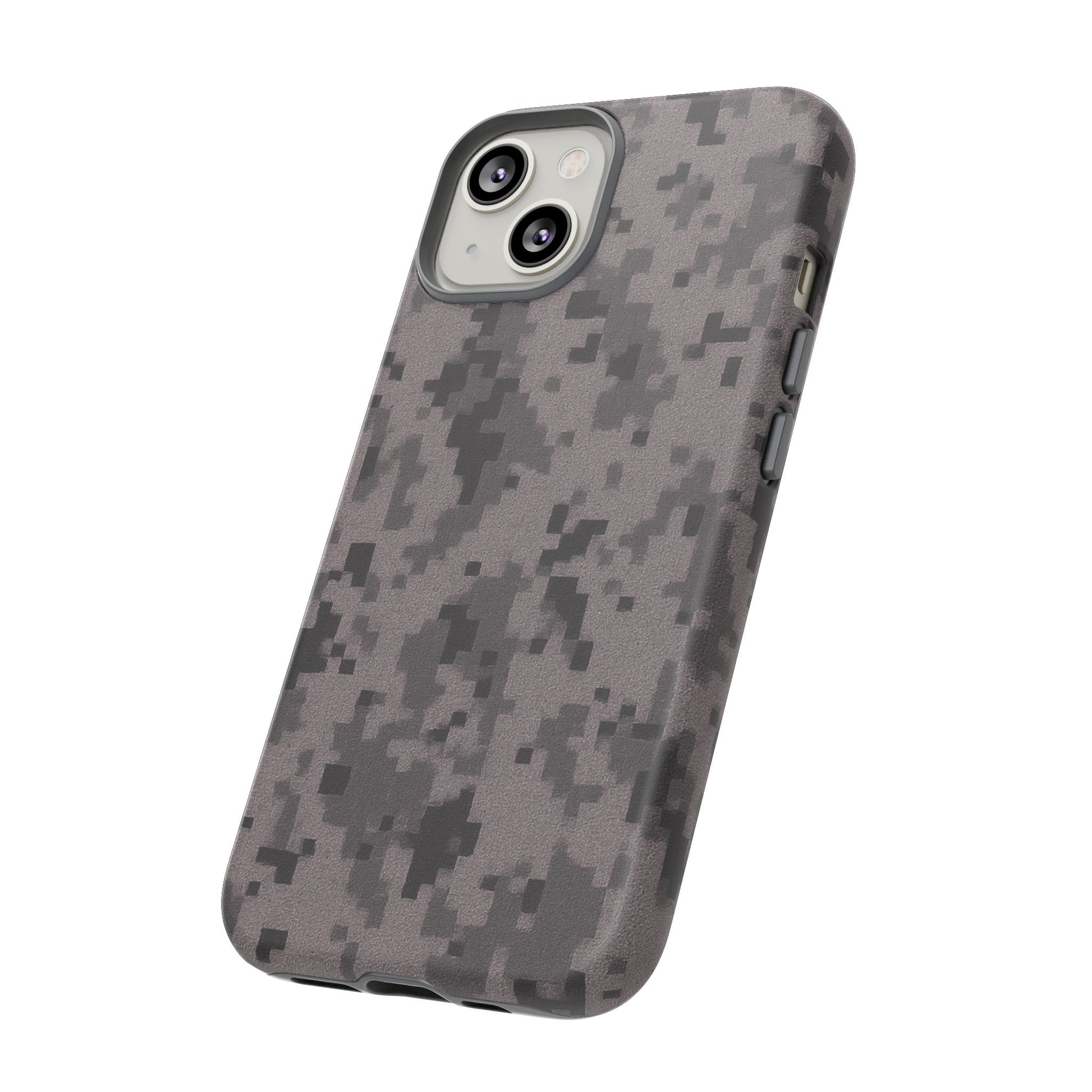 Gray digital camouflage phone case by Printify, tough protective cover designed for durable smartphone protection.