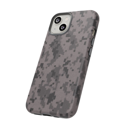 Gray digital camouflage phone case by Printify, tough protective cover designed for durable smartphone protection.