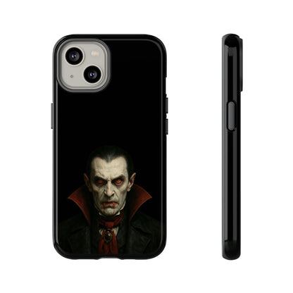Gothic vampire portrait phone case for iPhone, featuring a Dracula horror design by Printify with dark, eerie artwork.