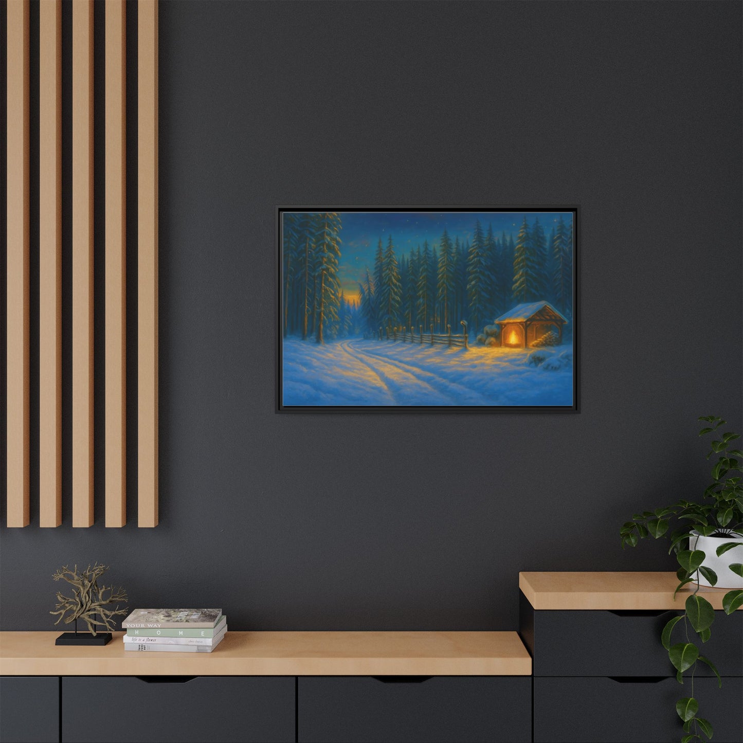 Winter cabin canvas wall art depicting a cozy snowy forest scene with a matte framed print, perfect for winter decor.