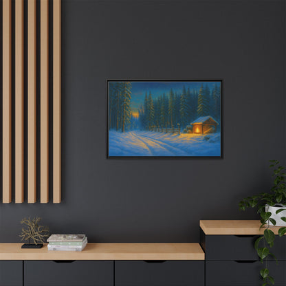 Winter cabin canvas wall art depicting a cozy snowy forest scene with a matte framed print, perfect for winter decor.