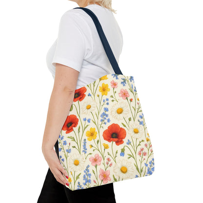 Wildflower Poppy print tote bag by Printify featuring a floral all-over pattern on durable fabric.