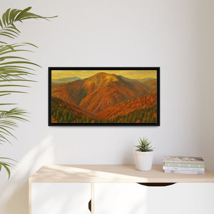 Autumn mountain matte canvas framed wall art by Printify featuring a scenic mountain landscape in warm autumn tones.