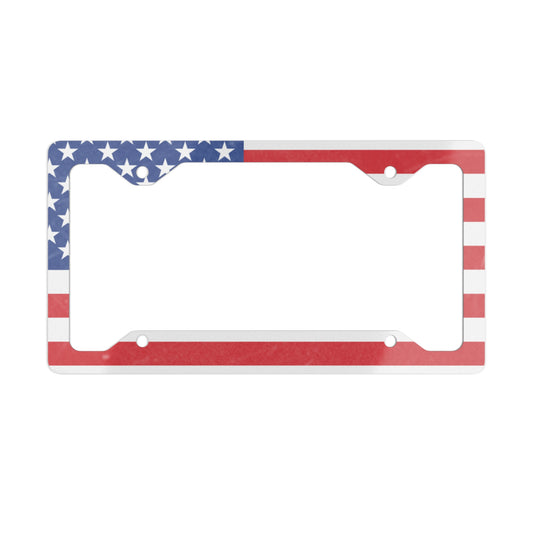 American flag metal license plate frame accessory with patriotic red, white, and blue design, featuring stars and stripes.