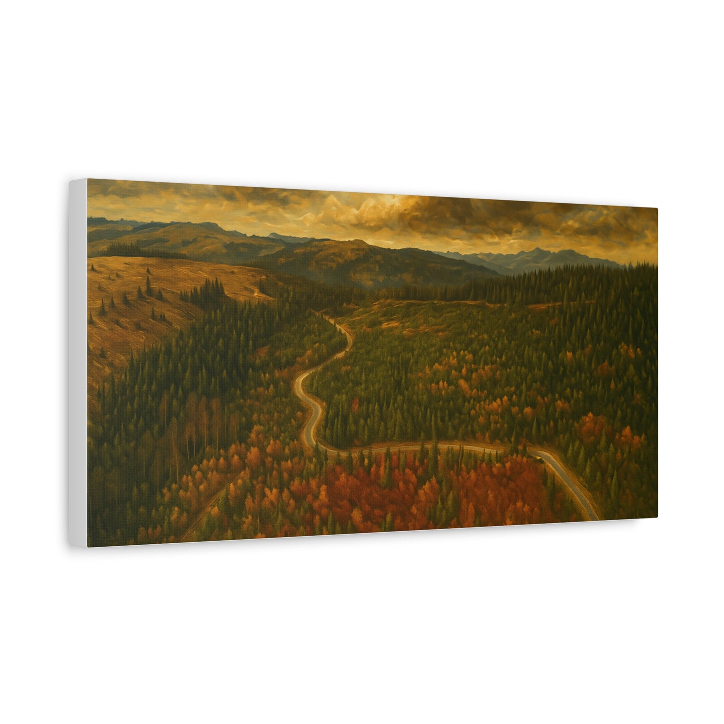 Autumn Ridge Road moody forest landscape canvas wall art by Printify, featuring a matte stretched canvas with forest scenery.
