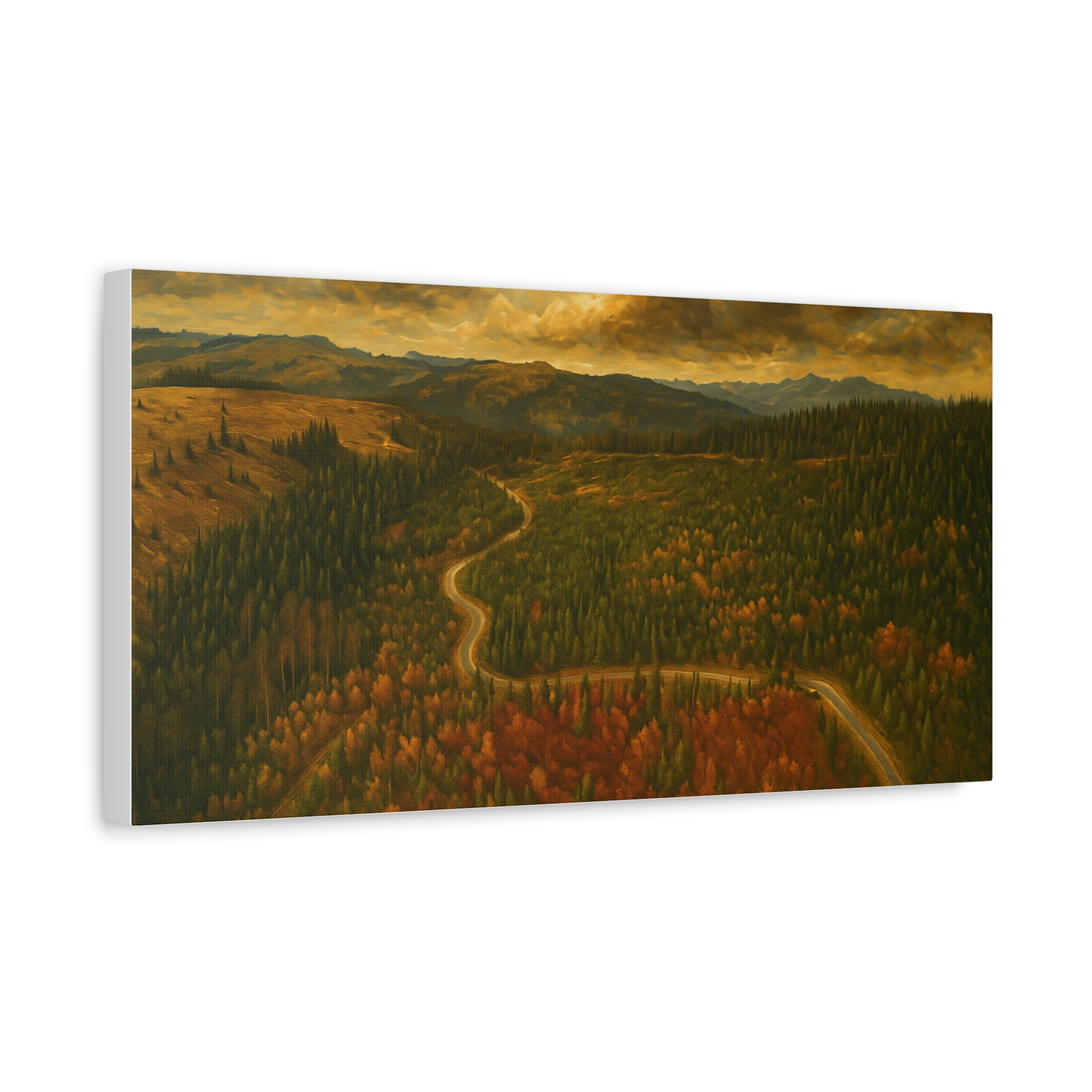 Autumn Ridge Road moody forest landscape canvas wall art by Printify, featuring a matte stretched canvas with forest scenery.