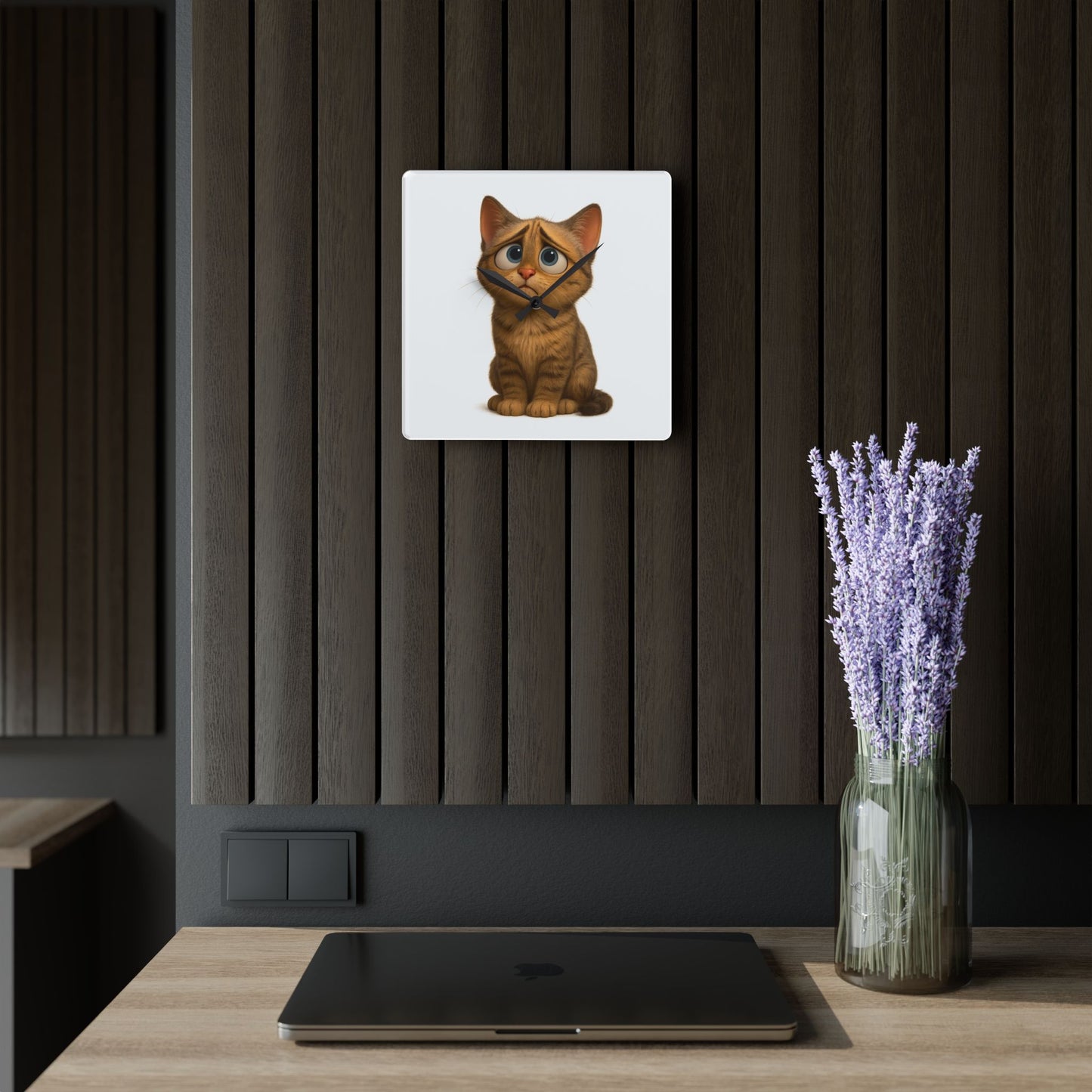 Sad Cartoon Kitten Acrylic Wall Clock – Cute Nursery Cat Decor