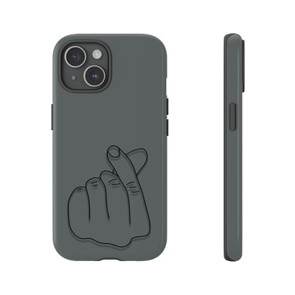 Silicone phone case with embossed Korean finger heart design, compatible with smartphones, by Printify.