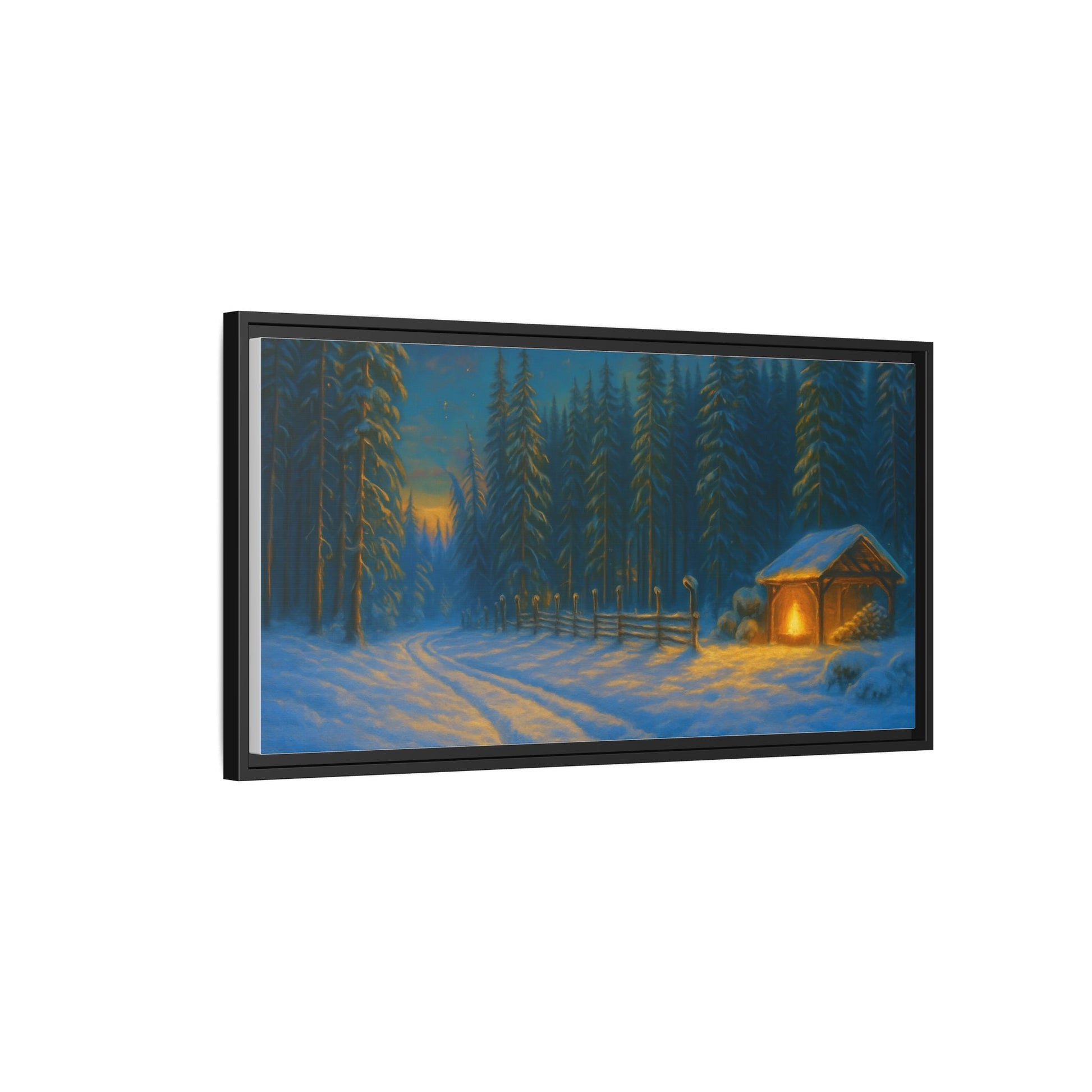 Winter cabin canvas wall art featuring a cozy snowy forest scene with a matte frame, perfect for winter home decor.