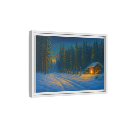 Winter cabin canvas wall art by Printify featuring a cozy snowy forest evening scene in a matte framed canvas.