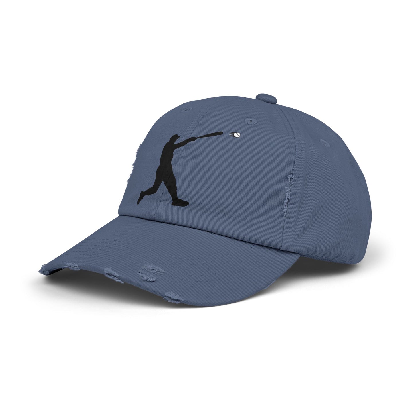 Distressed baseball cap with silhouette batter design, Printify hat featuring a casual, worn-in style and sports-inspired graphic.