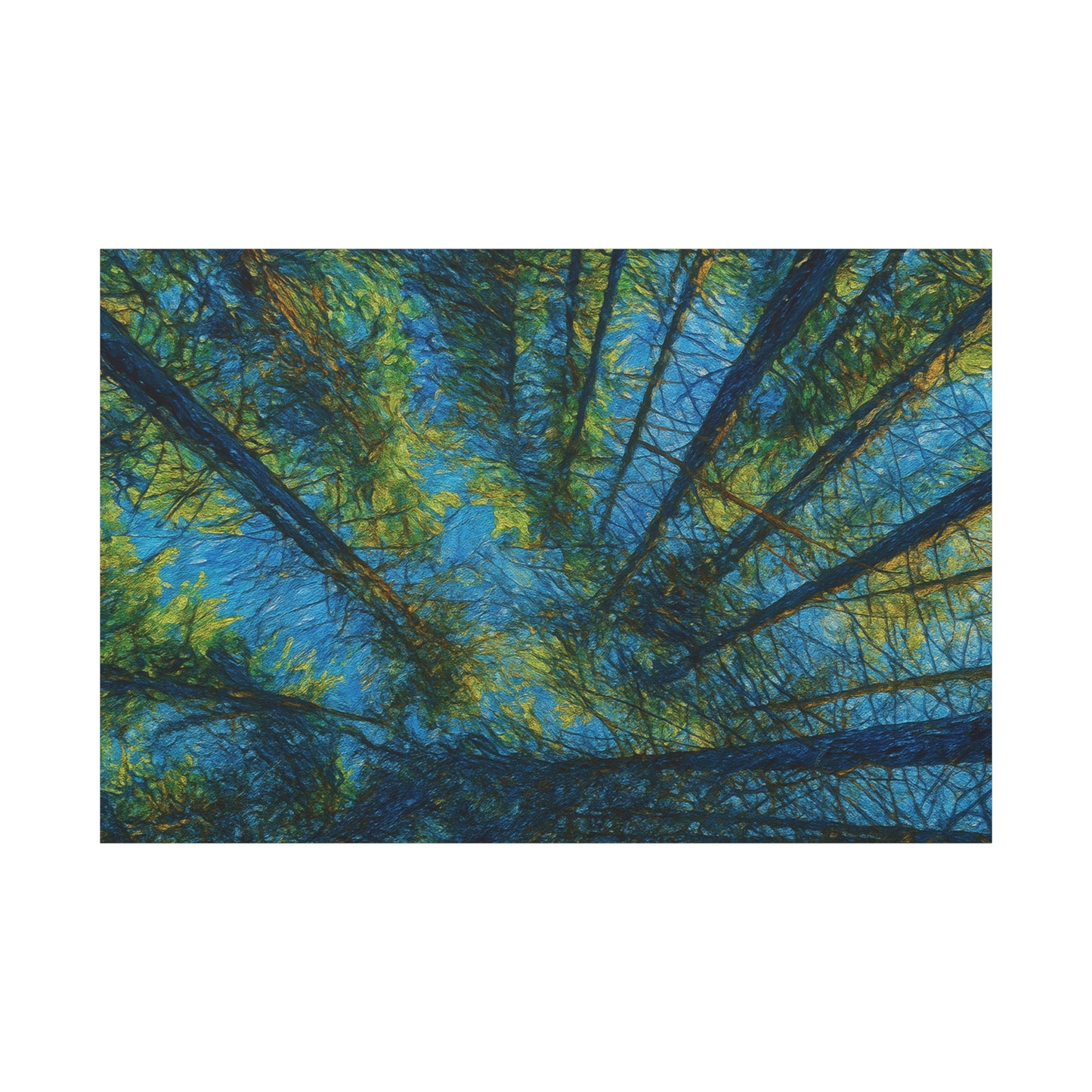 Forest Canopy Matte Canvas Wall Art — Upward View of Trees, Blue & Green Nature Print