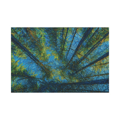 Forest Canopy Matte Canvas Wall Art — Upward View of Trees, Blue & Green Nature Print