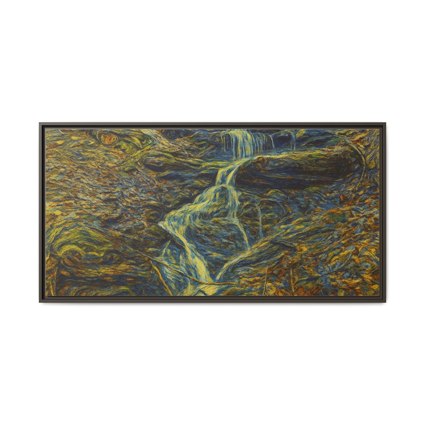 Framed matte canvas wall art of an autumn forest with a waterfall, showcasing vibrant fall colors and natural scenery.