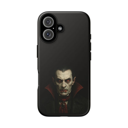Gothic vampire portrait phone case featuring a Dracula-inspired horror design for iPhone, by Printify.