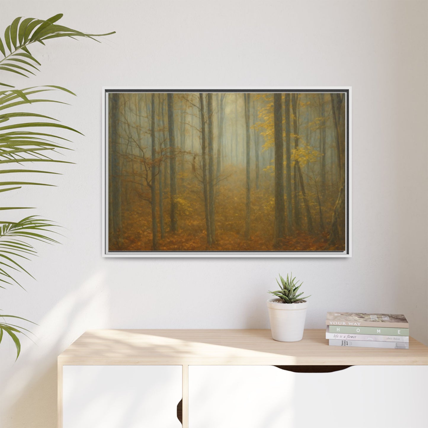 Framed matte canvas wall art of a misty autumn forest scene, printed by Printify, showcasing warm fall colors and detailed trees.