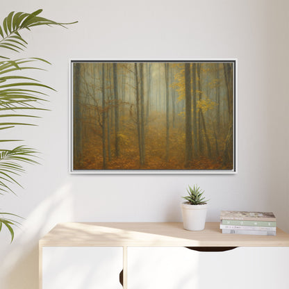Framed matte canvas wall art of a misty autumn forest scene, printed by Printify, showcasing warm fall colors and detailed trees.