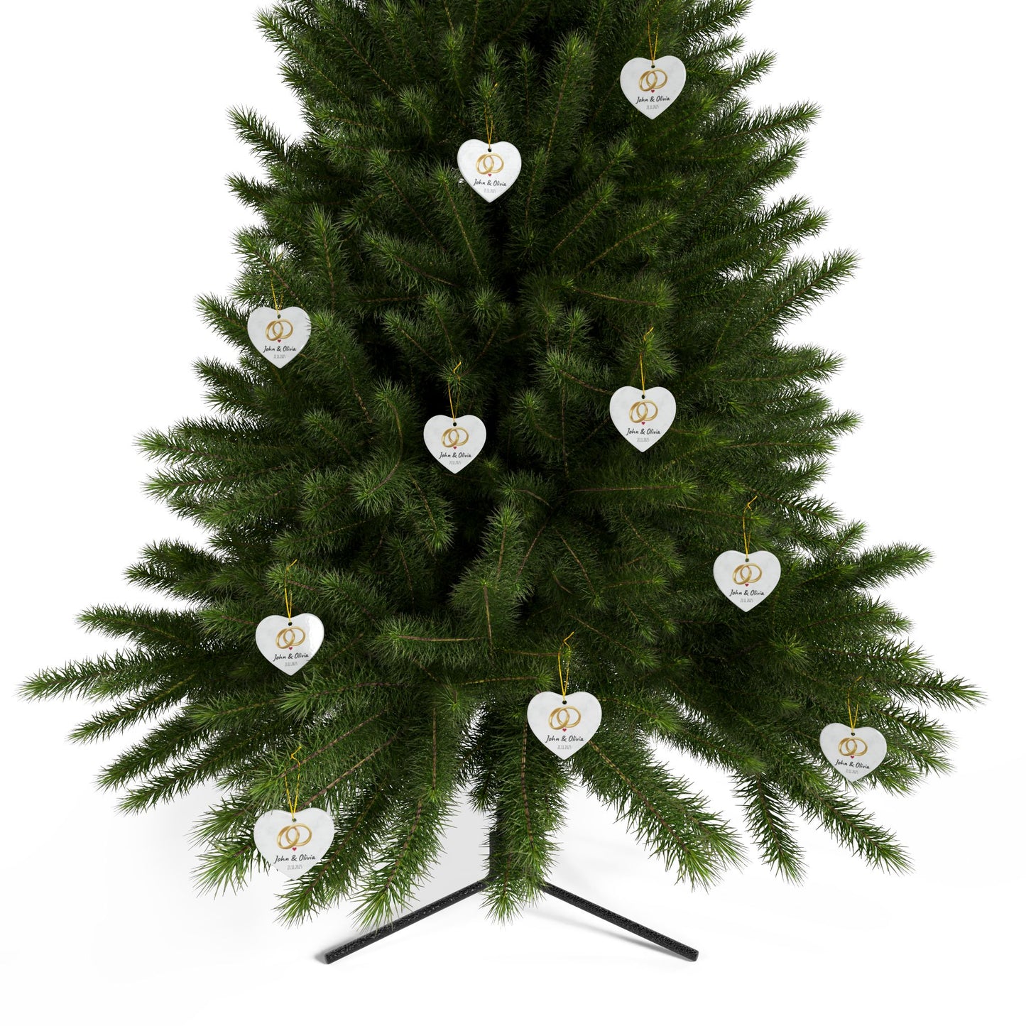 Round ceramic wedding rings ornament with personalized names and date, decorative keepsake for special occasions.