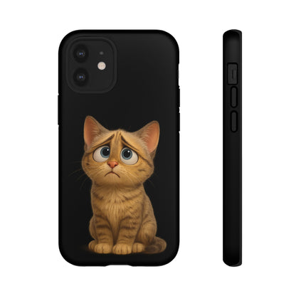 Cute sad kitty print phone case for iPhone, protective silicone cover featuring a sad cat design by Printify.