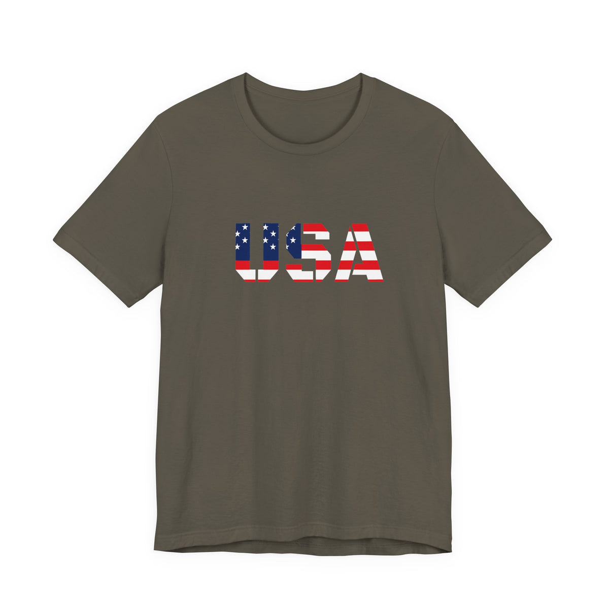 USA flag graphic T-shirt by Printify featuring patriotic USA flag design for Fourth of July celebrations.