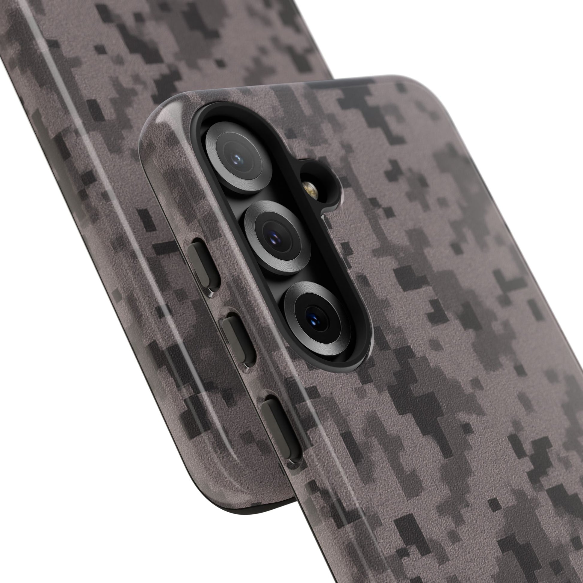 Gray digital camouflage phone case by Printify, tough protective cover for smartphones with a rugged camouflage design.