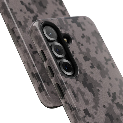 Gray digital camouflage phone case by Printify, tough protective cover for smartphones with a rugged camouflage design.