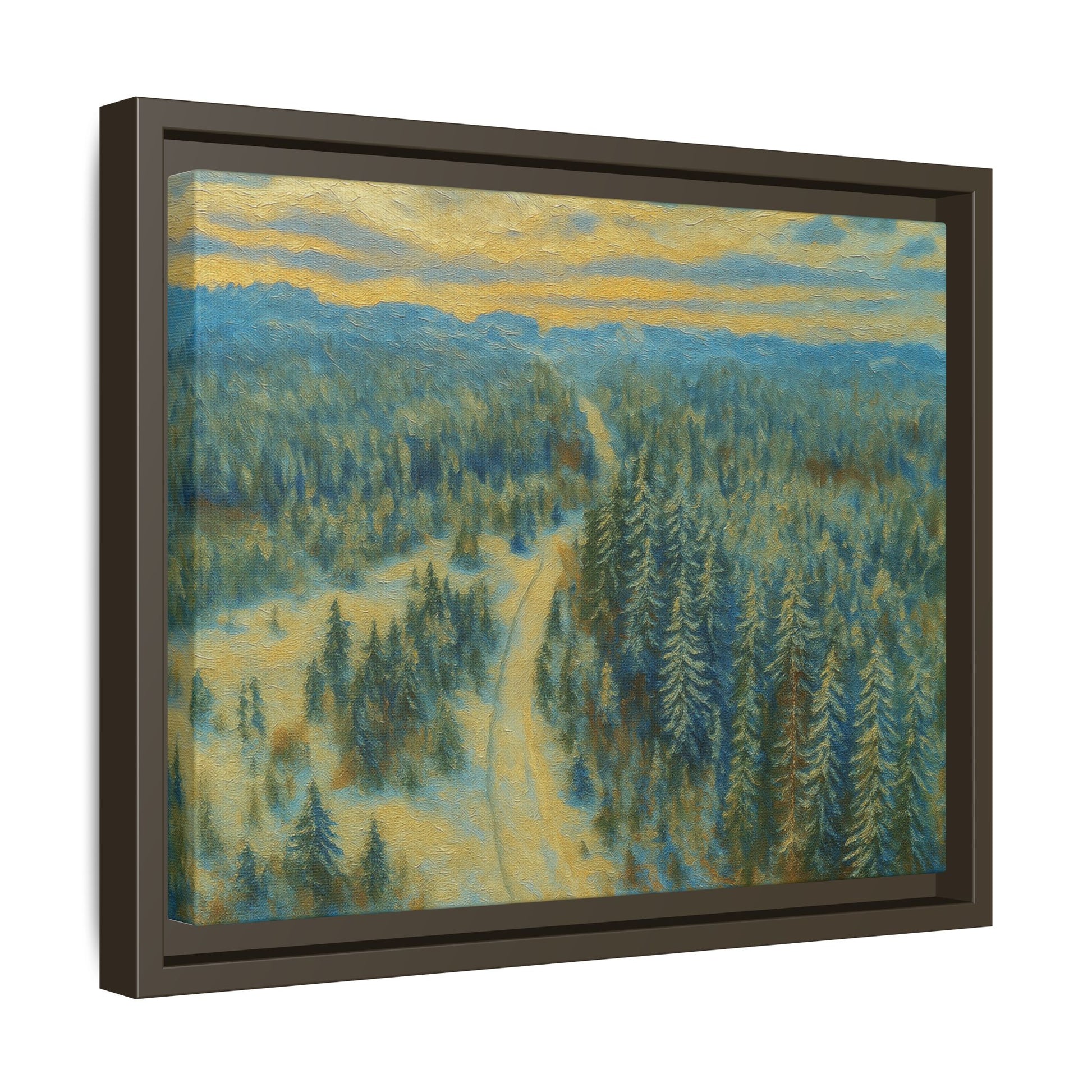 Framed matte canvas print of a serene winter forest landscape, featuring snow-covered trees and peaceful natural scenery.