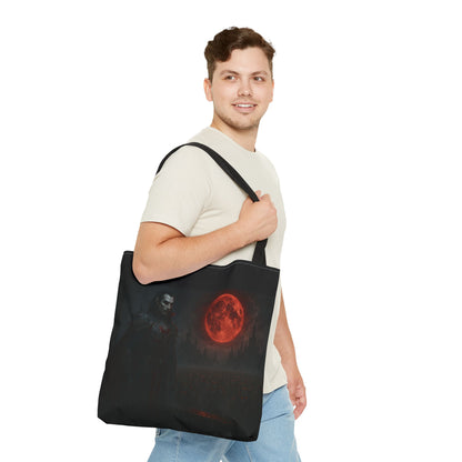 Gothic Dracula tote bag with moonlit vampire art, perfect for Halloween, by Printify, showing a spooky vampire illustration on black fabric.